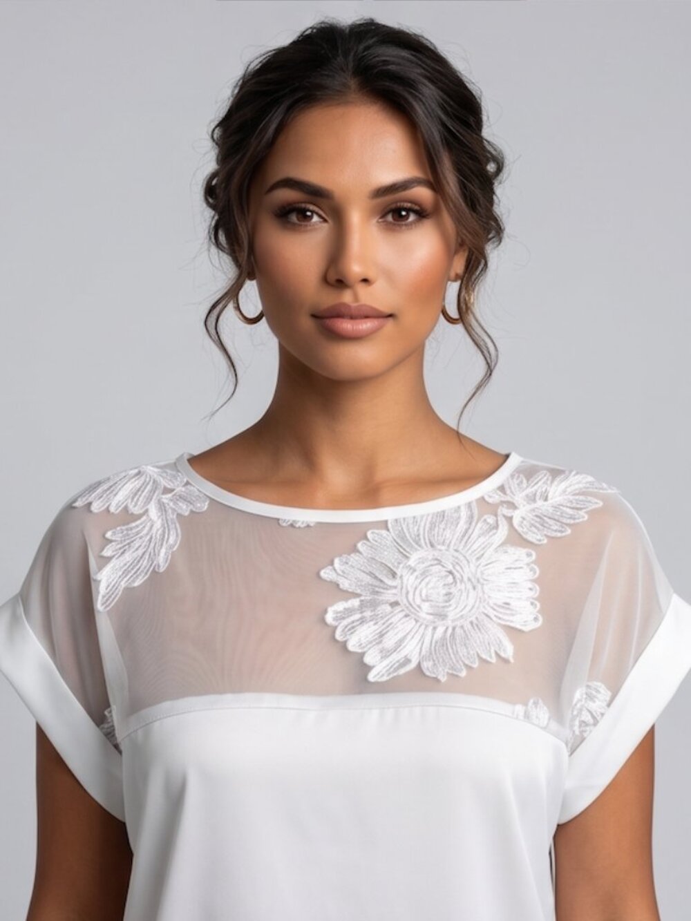 White Sheer Illusion Lace Yoke Blouse – Floral Appliqué Cap Sleeve Top